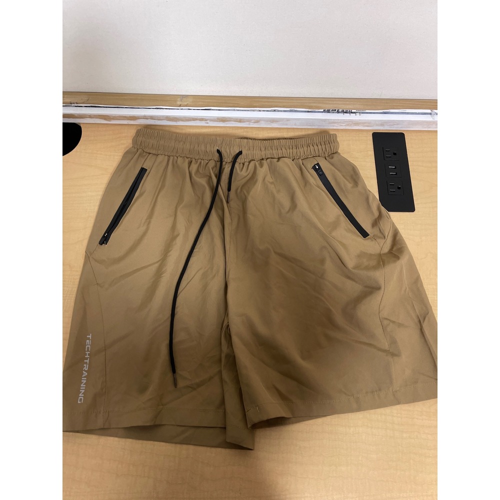 Techtraining Mens Athletic Shorts Khaki Tan Zipper Pockets Size L